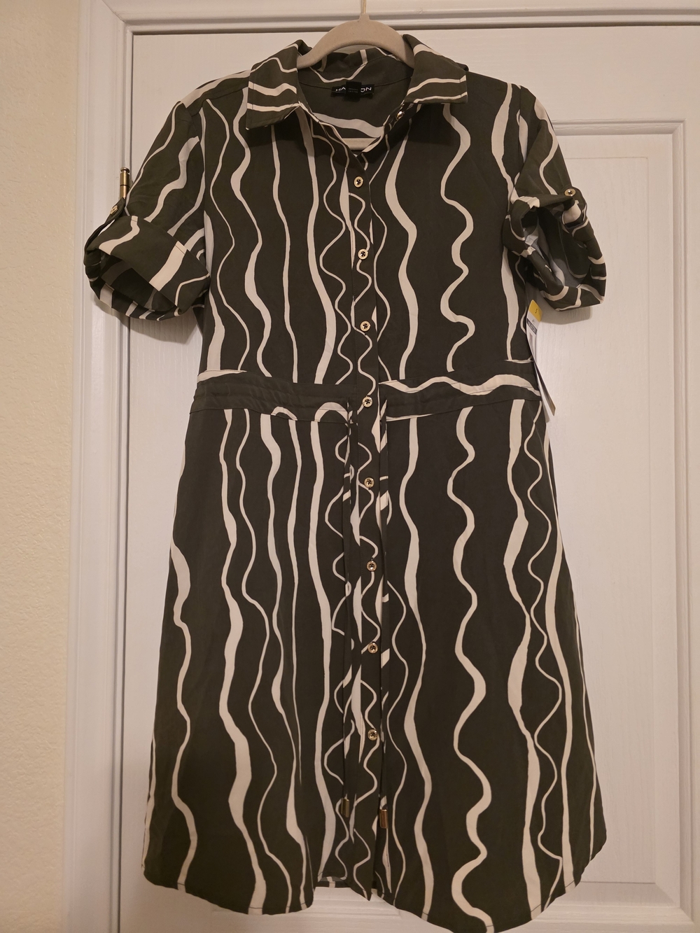 Halston Heritage Olive and Cream Wave-Print Midi Shirt Dress